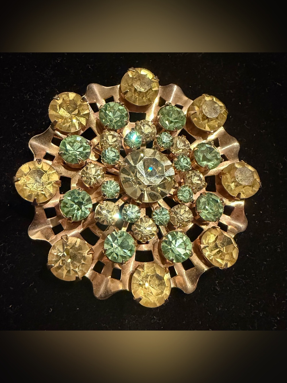 Vintage 1960s Peridot Green Citrine Yellow Rhinestone Starburst Dome Cluster